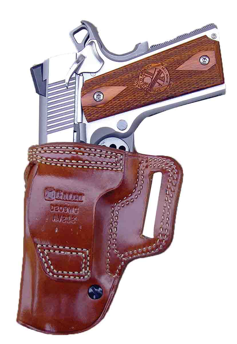 Note the high carry position of the Galco Avenger Belt Holster. The holster features an adjustable tension unit that serves to help secure the pistol while allowing a fast draw.